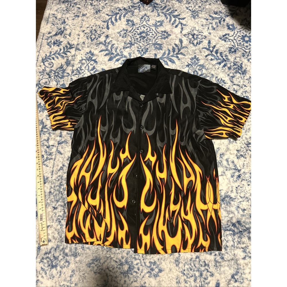 Vintage Y2K Sapphire Lounge Shirt Mens L Flames Fire Club Biker Cyber Button Up